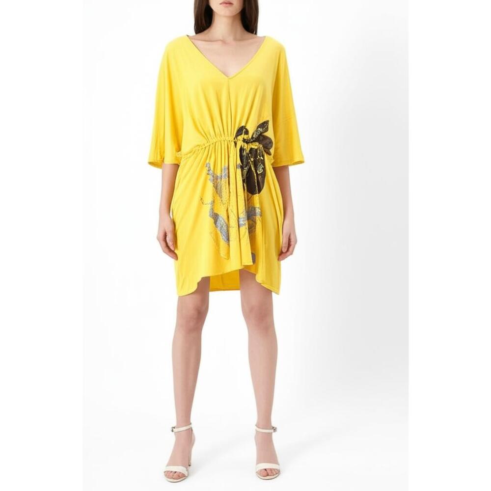 APPLE BOTTOMS Tunic Dress Large Yellow V-Neck Batwing Casual Drawstring Bohemian